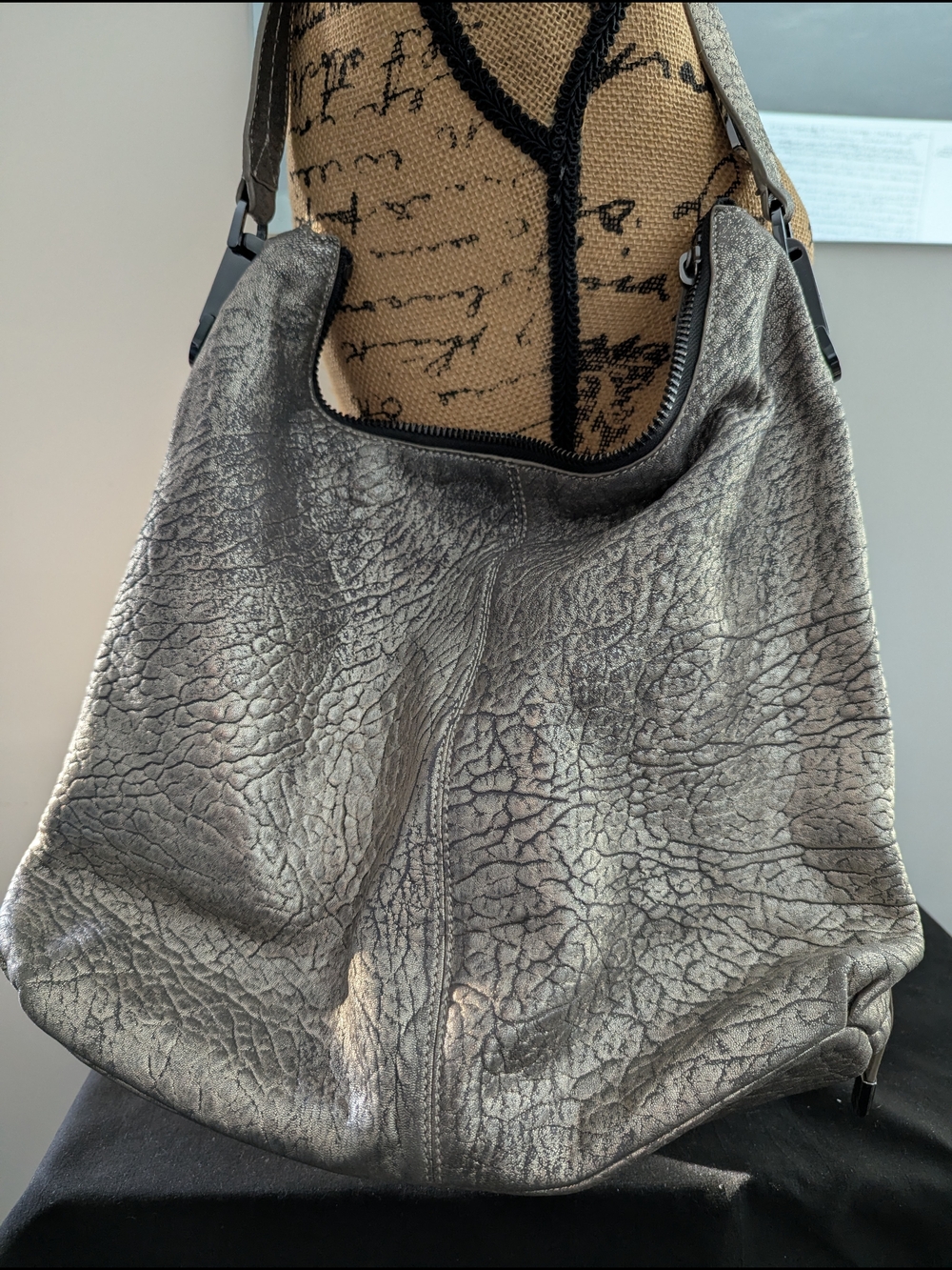 Vince Camuto Hobo Shoulder Bag | Distressed Metallic Leather | Gunmetal Gray
